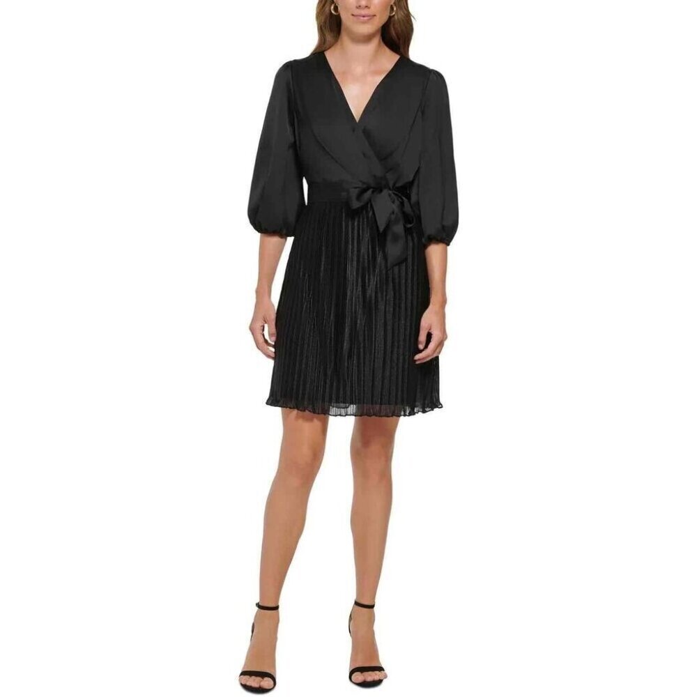 NWT DKNY Womens Black Pleated Satin Fit & Flare Dress Size 6
